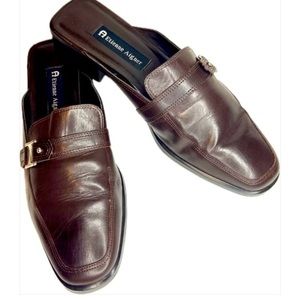 Etienne Aigner leather mules. Size 8.5. Deep brown with silver buckle & …